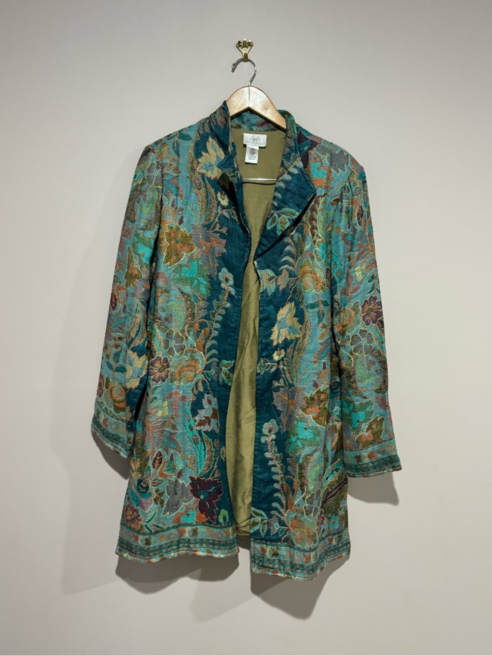 Soft Surroundings Womens Large Teal Blue Paisley Floral Tapestry Open Jacket